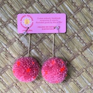 Handmade Pink and Orange Pom Pom Earrings on Gold Posts